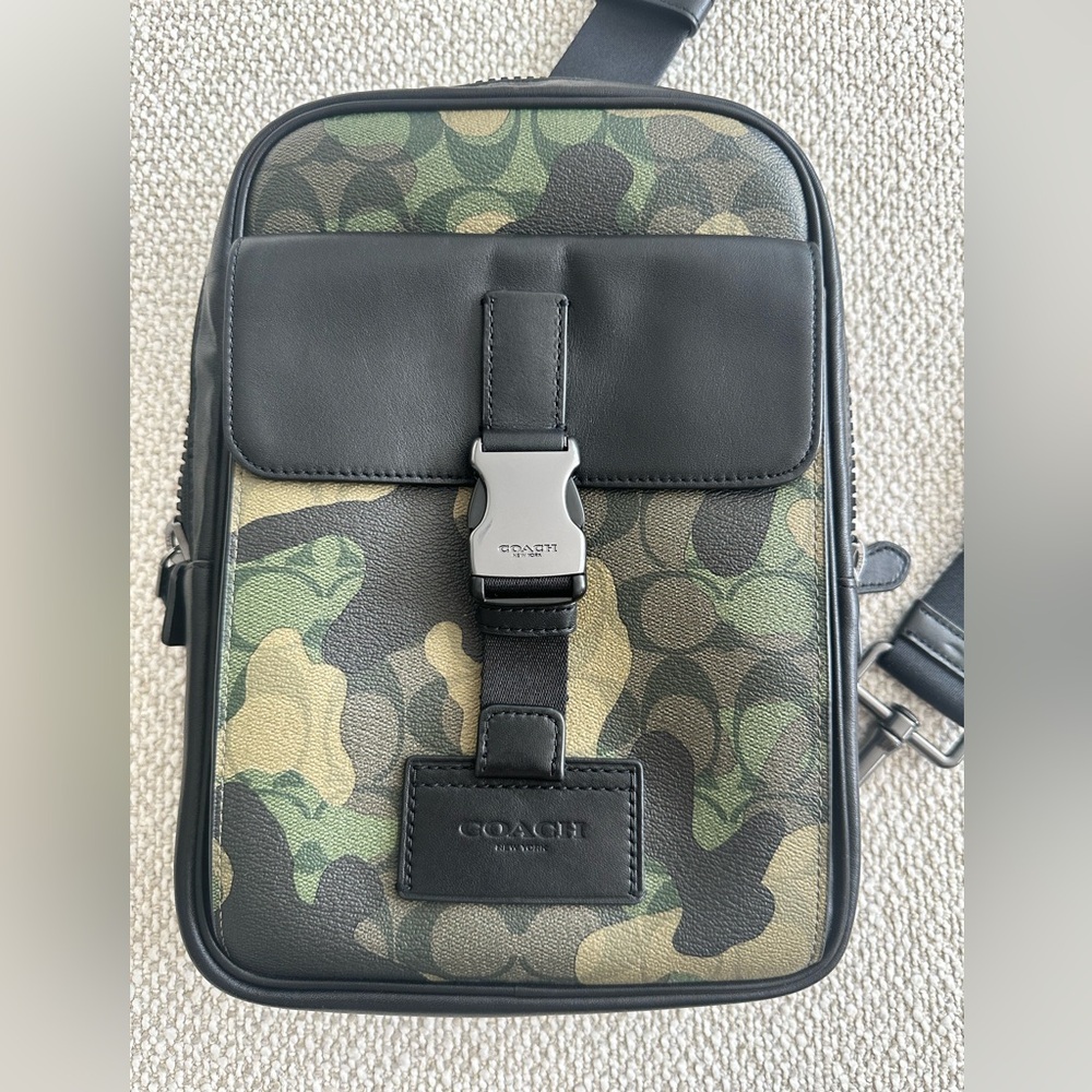 Coach Leather Black and Green Cross Body Bag with Camouflage Design